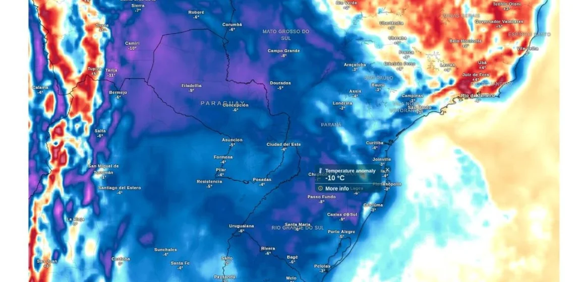 Previsão de anomalia de temperatura nesta sexta-feira (8), de acordo com o ECMWF.